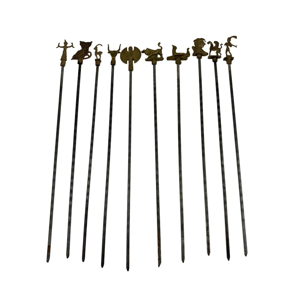 Vintage Turkish Brass Finial Skewers Set of 10‎ Owl Griffin Labrys Shish Kabobs